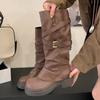 Eilyken Autumn Winter Punk Style Belt Buckle Women Knee High Boots Fashion Round Toe Square Low Heels Long Shoes