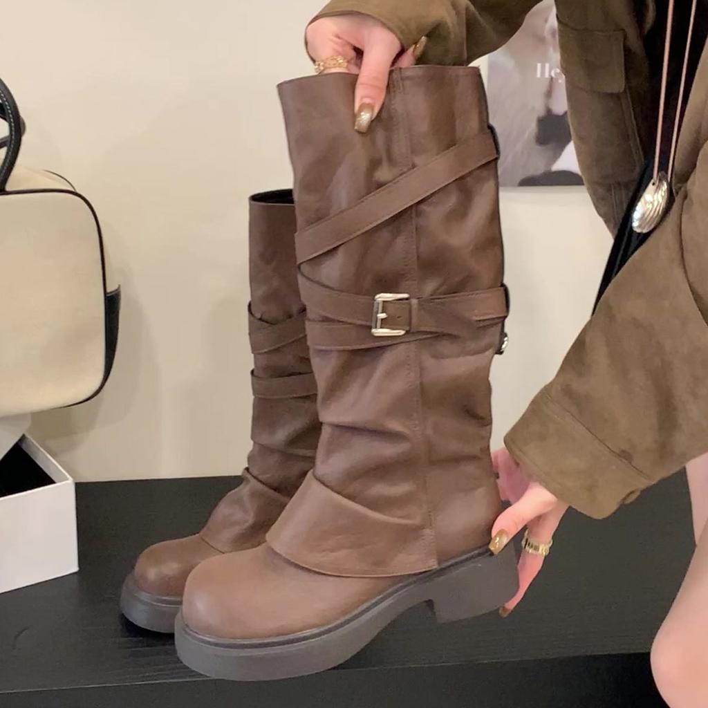 Eilyken Autumn Winter Punk Style Belt Buckle Women Knee High Boots Fashion Round Toe Square Low Heels Long Shoes