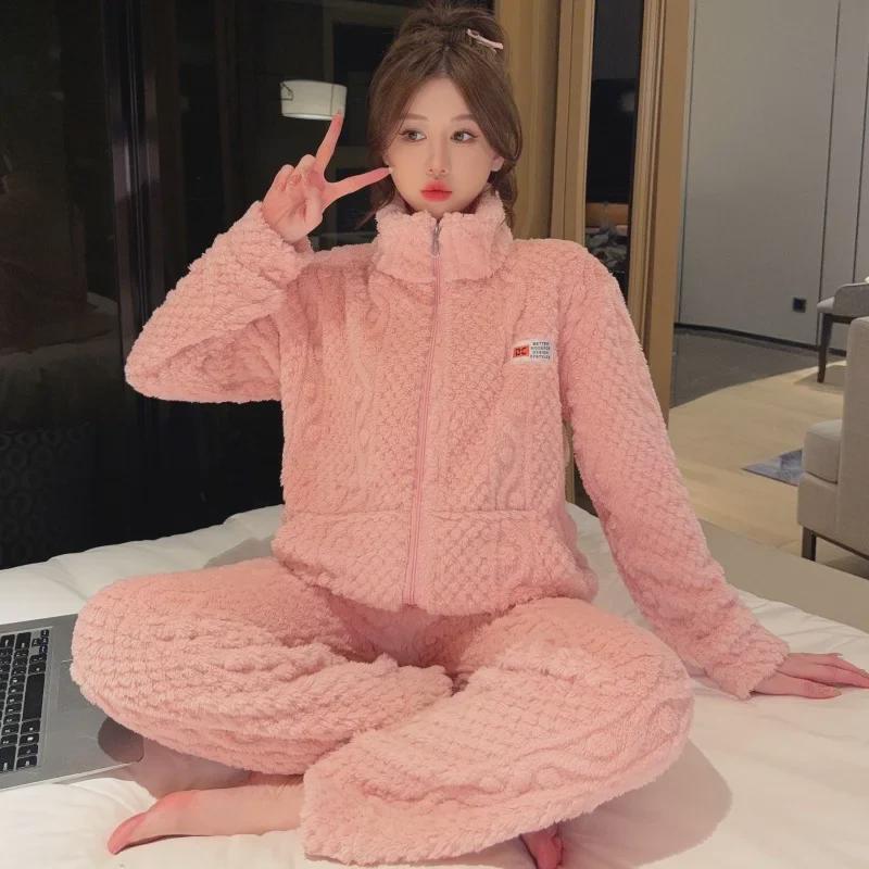 Women's Long-Haired Jacquard Pajamas - Zippered, Solid Color, Long Sleeve Coral Fleece Cardigan (Fits Up to 230 lbs).