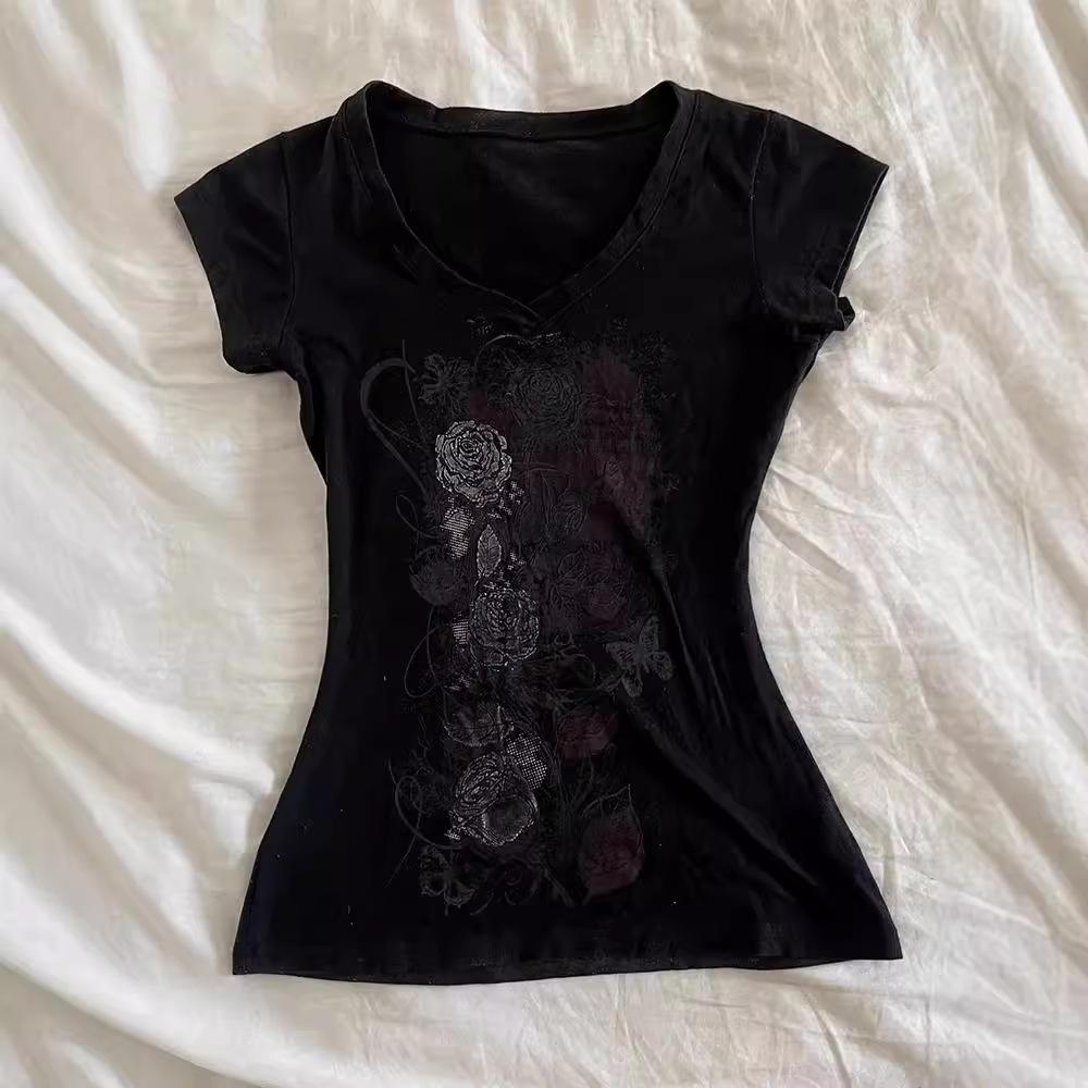 Retro Black Print T-shirt - 210g Pure Cotton, Slim Fit, Waist-Lined, Unique Design, Temperamental Style, 40s