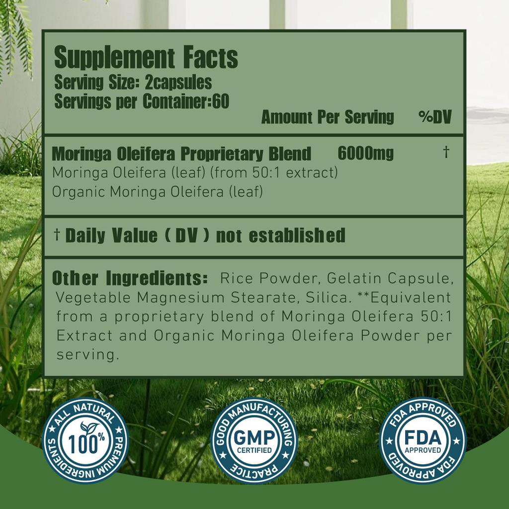 Moringa Capsules Contain 6000 Mg of Moringa Per Serving, Supporting Digestion, the Immune System, and Metabolism.