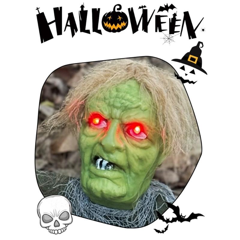Green Face Halloween Yard Decoration with Red Light Detail, ABS Ground Insert Accent for Porch, Lawn, and Entryway Party Display, 1 Piece