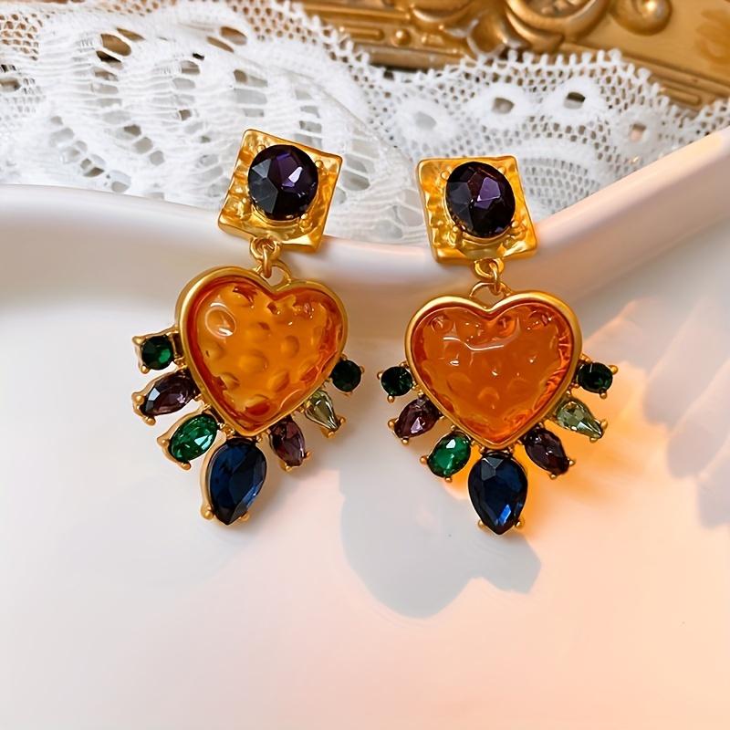 Vintage Exaggerated Exquisite Big Heart Glass Multi Color Crystal Stone Drop Earring Women Girls Fashion Zircon Accessories