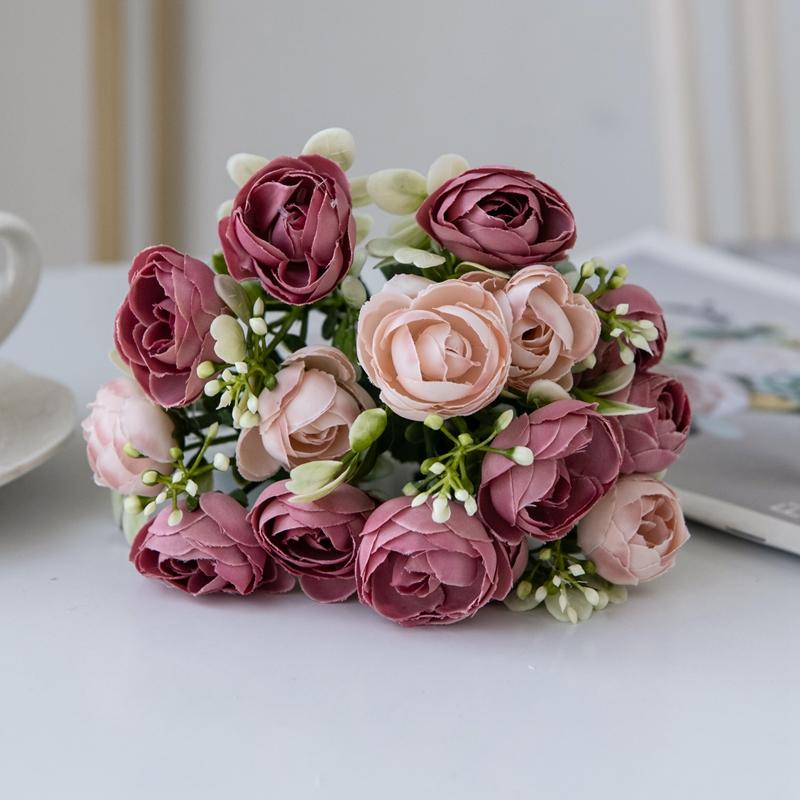 15 Heads Silk Roses Small Tea Bud Artificial Flowers Wedding Festival Room Decor Home Ornamental Flowerpot Photography Props Diy