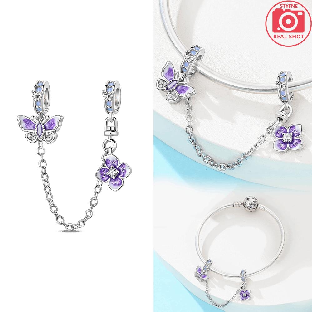 Argent 925 Classique Papillon Violet Fleur Chat Chaîne Fixe Ours Couple Perle Ajustement Bracelet Bijoux Femme Accessoire DIY