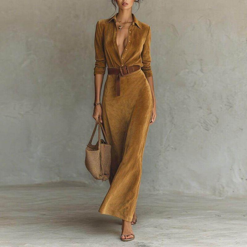 

Suede Waist-Cinched Long Dress with Waistband Included Brown [Ready in Stock] 3XL