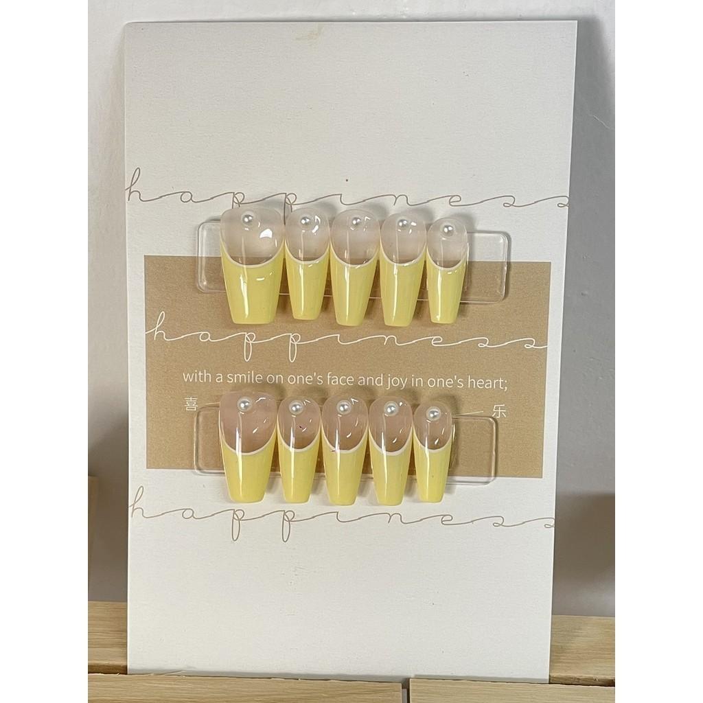 

Искусственные ногти ручной работы, желтые, прозрачные, жемчужные, длинные, трапециевидные, ногти для фототерапии, накладные ногти, многоразовые и съемные ногти L