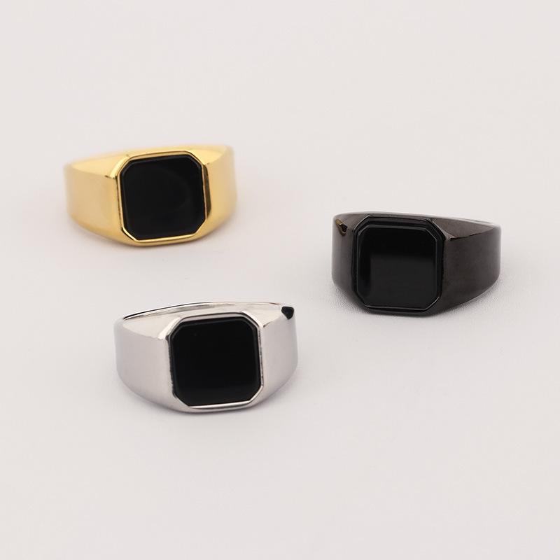 Bold Vintage Amber Stone Men's Ring Black Onyx Stainless Steel Square Hip-Hop Jewelry Gothic Punk Biker Accessory