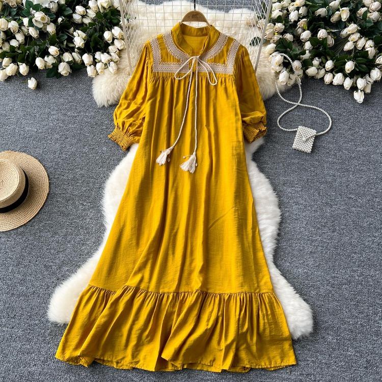 Elegant Retro Lace Up Summer Dress for Women A Line Ruffle Lantern Sleeve Loose Vacation Sweet O Neck Dresses