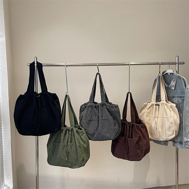 Simple Drawstring Bundle Handbag Casual Large Capacity Student Class Versatile Retro Solid Color Canvas Bag Women