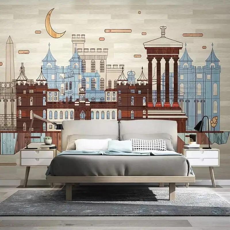 3d City Building Murals Living Room Study Room Background Wall Painting Modern Retro Wall Paper For Walls