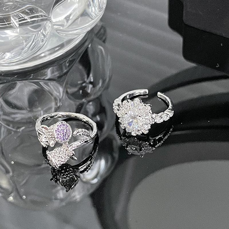Flower Niche Design Cold Wind High Sense Diamond Set Purple Zircon Ring Women High Sense Open Ring