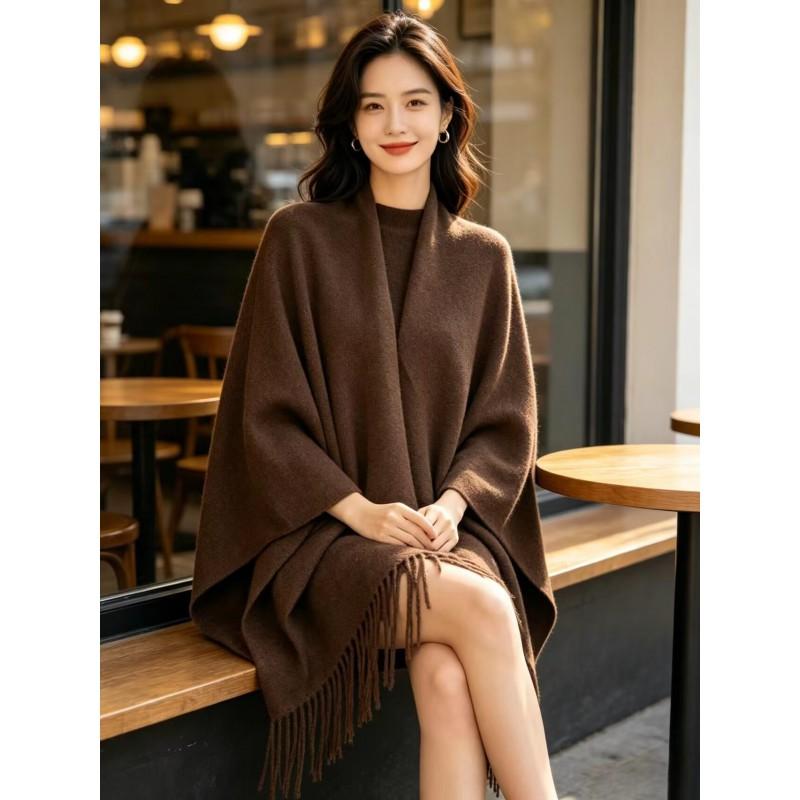 Womens Cashmere Blend Fringed Shawl Wrap Winter Warm Cape Coat Boho Chic