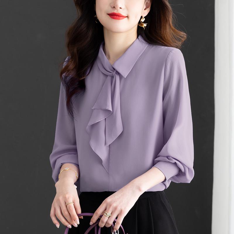 Spring 2025 French Chiffon Ribbon Shirt - Age-Reducing Long Sleeve Top for Women