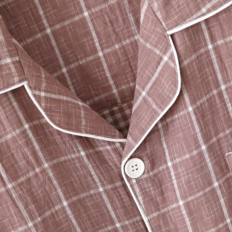 New Men's Spring and Summer Pajamas Set 100% Cotton Plaid Long-sleeved Trousers Two-piece Set Large Size Loose Home