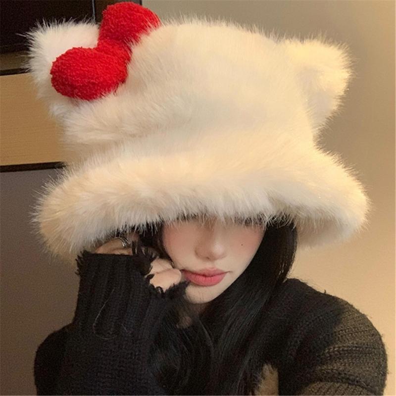 Fashionable Warm Winter Bucket Hat Furry Cats Ear Fisherman Hat For Women Girl Winter Sport Outdoor Activity Travel