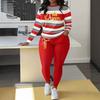 Standard size women's two-piece set, 1D printed casual striped round neck long-sleeved top and pants set, pants pocket.