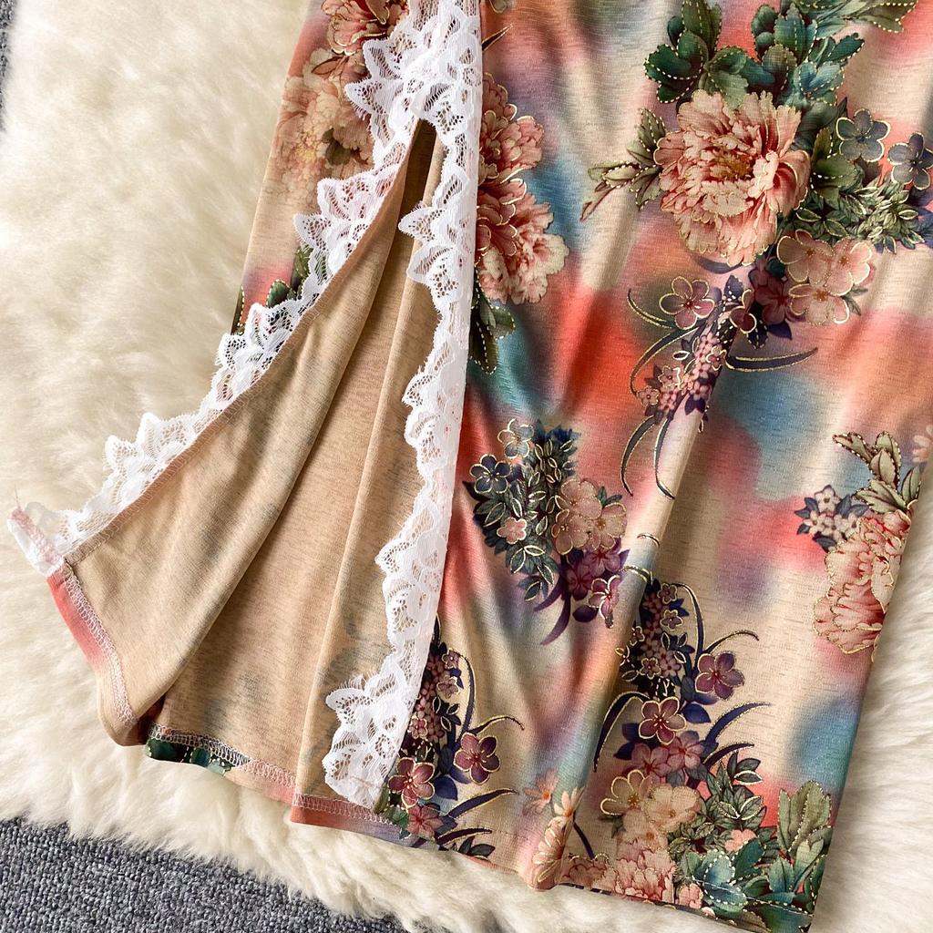 Damskie Sukienki Cheongsam z Nadrukiem, Bez Rękawów, Dopasowane, z Rozcięciem, Koronkowe Wstawki, Zapinane na Guziki