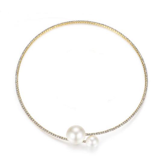 2Pcs/Set Women Elegant Faux Set Pearls Shiny Rhinestones Jewelry Adjustable Open Collar Necklace Bangle Set