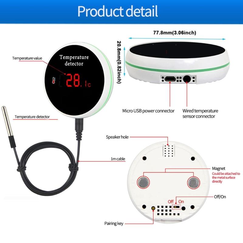 Small Temperature Monitor Featuring Waterproof Probe Rechargeable Temperature Detect for Lab Rooms Data Tracking
