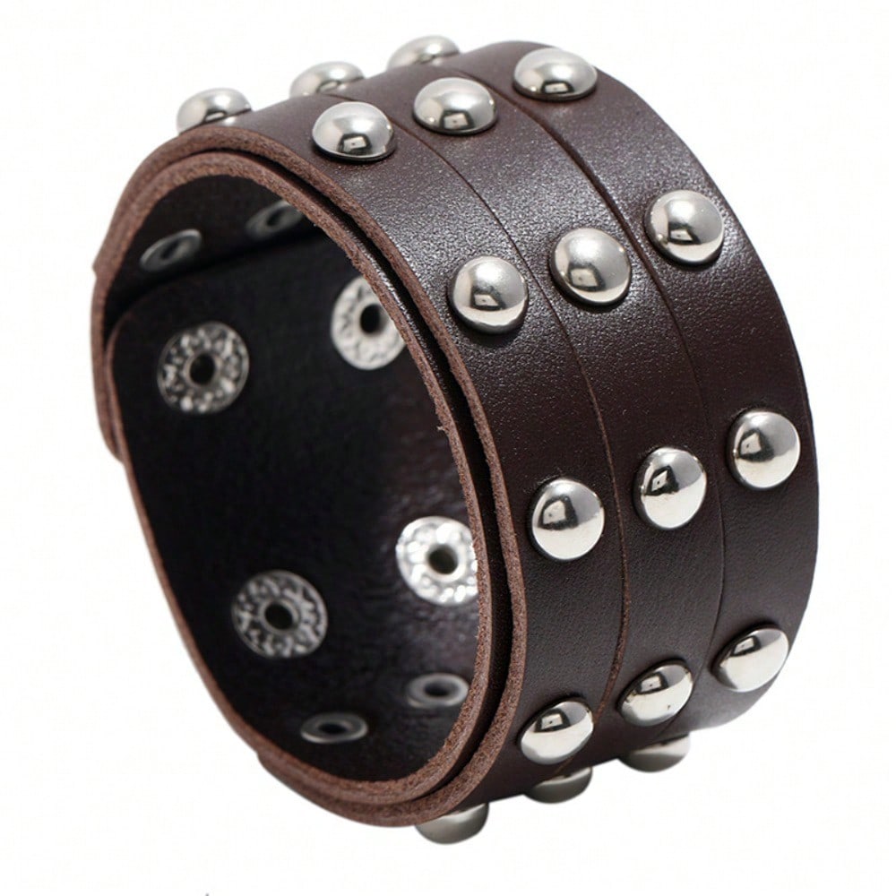 Europees en Amerikaans Nieuw Punk Stijl Trendy Armband met Drie Rijen Studs Heren Brede Leren Armband Sieraden 1PCS bruin