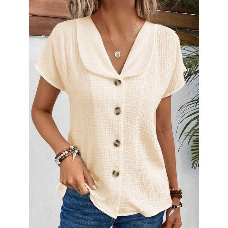 JPNTKY Women's Fashion Casual Solid Color Print V-Neck Short Sleeve Blouses & Shirts