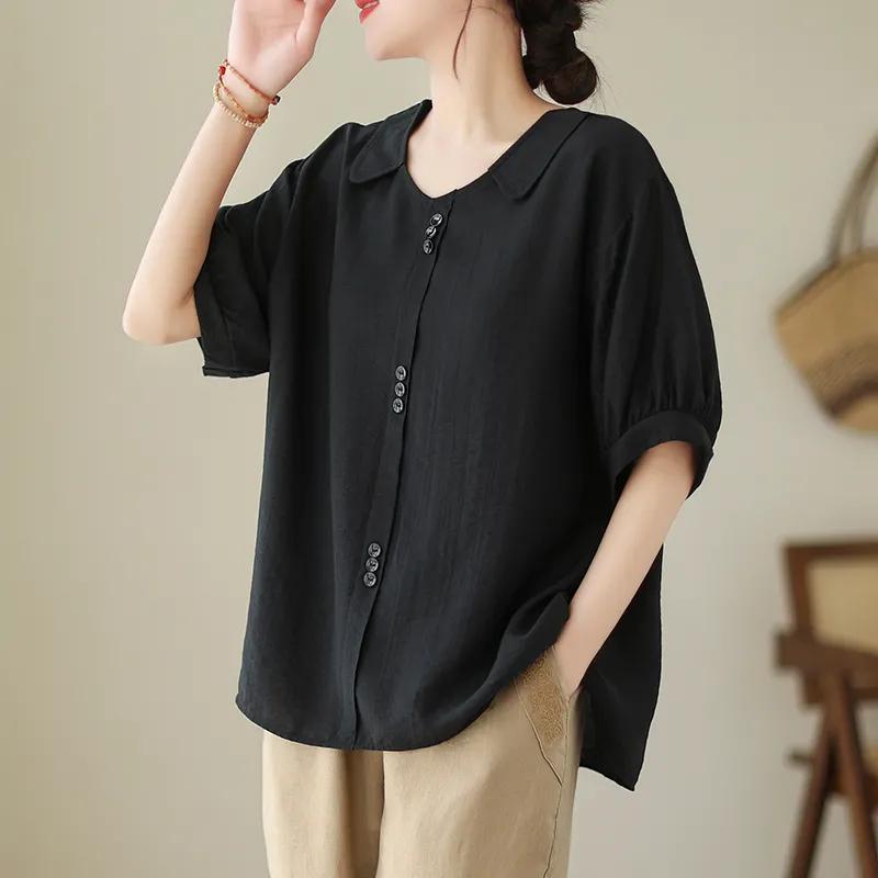 Women's Solid Color Peter Pan Collar Loose Short Sleeve Shirt Casual Artistic Office Top
