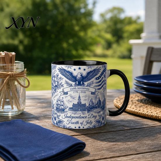 Independence Day Cup USA 250th Anniversary Blue Mug, Patriotic Ceramic Coffee with Heritage Eagle Flag Design, Gift for Veterans Men Women Durable