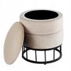Beige Velvet Round Pouffe with Storage On Black Legs for the Living Room