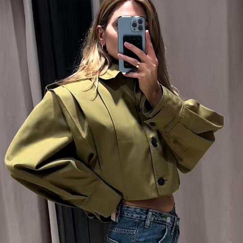 Turndown Collar High Waisted Crop Top Jacket with Pleated Design Women's Long Sleeved Solid Color Short Jacke Commute Autumn 2025