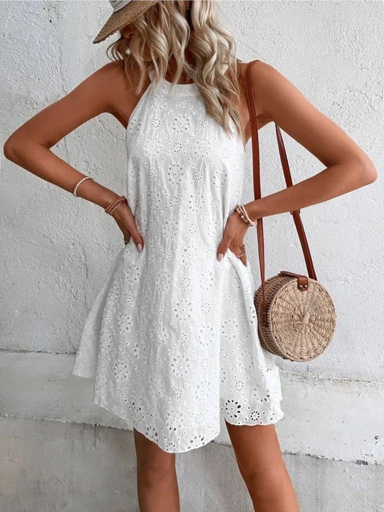 O Neck Lace Dress Solid Color Sleeveless Button Dresses Women Halter Causal Dress