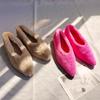 Fashion Fashion Pointed Toe Fur Ballet Flat Woman Winter Warm Plush Shallow Loafer Ladies Concise Furry Heeled Dress Shoes Zapatos Mujer