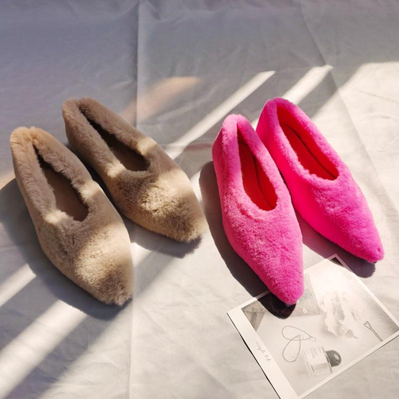 Fashion Fashion Pointed Toe Fur Ballet Flat Woman Winter Warm Plush Shallow Loafer Ladies Concise Furry Heeled Dress Shoes Zapatos Mujer