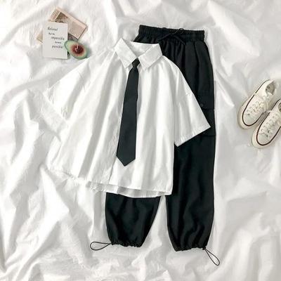 Vita skjortor Kvinnor med slips Japansk stil Preppy Studenter BF Enkel Solid Lös Sommartopp Daily Streetwear