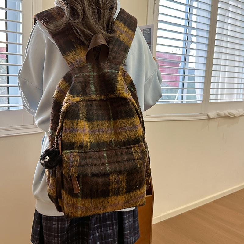 Vlněný kostkovaný studentský školní batoh s velkou kapacitou dámský batoh
