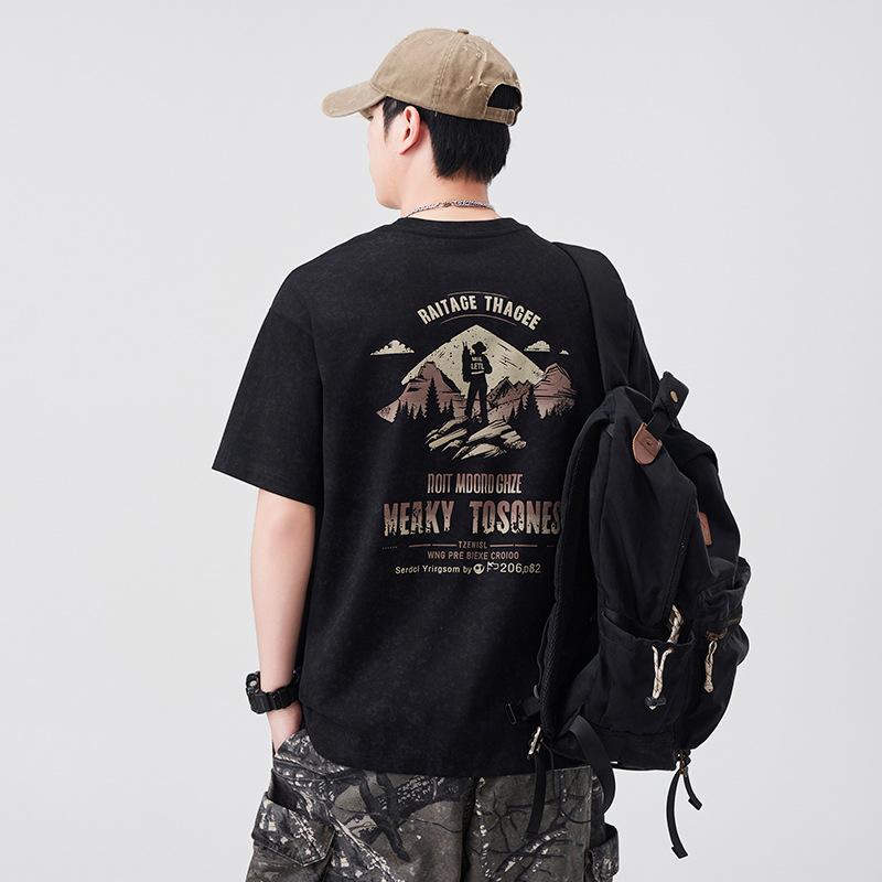 Short-sleeved T-shirt Men's Summer Heavy Cotton Printed T-shirt Loose Round Neck Half-sleeved Top