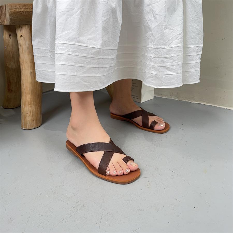 Johnature Flat Bottom Slippers Fashionable Rubber Anti Slip Comfortable Genuine Leather Women's Outdoor Slippers