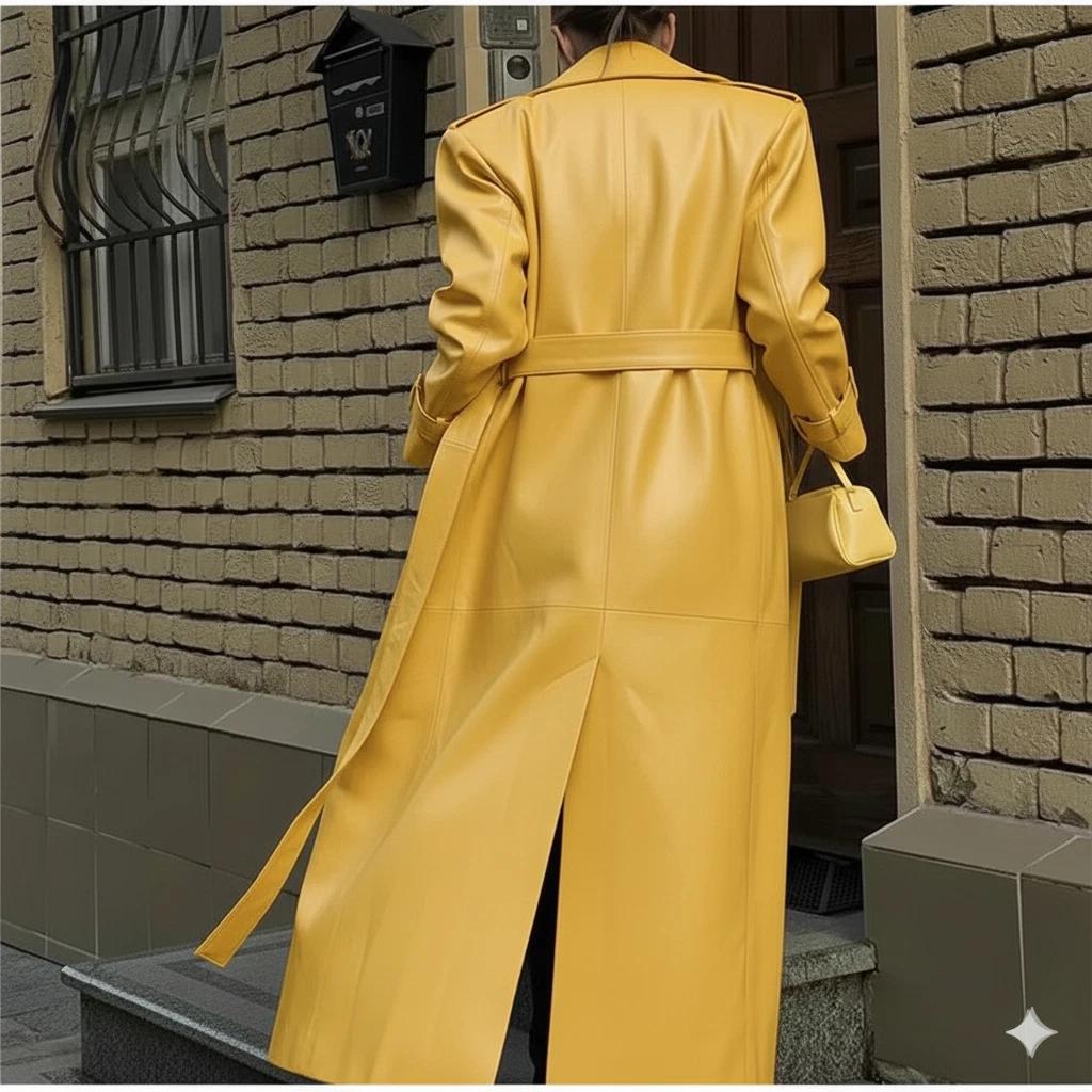 Lässige Passform Echtes Gelbes Handgefertigtes Lammleder Neuer Damen Leder Trenchcoat Weich