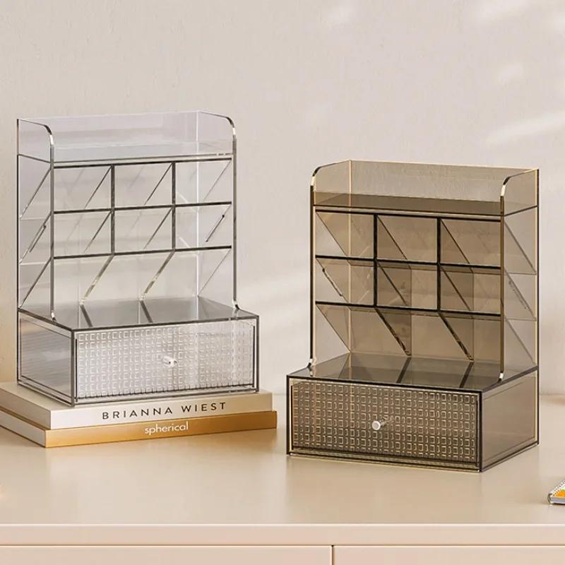 Transparent Desktop Storage Box - Cosmetic Organizer Drawer & Office Stationery Rack Pen Holder for Desk Supplies Neat Storage
