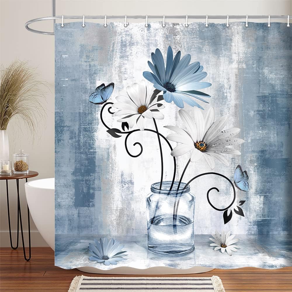 

Rustic Yellow Floral Boho Shower Curtain with Daisy Flowers & Butterflies – Country Farmhouse Style, Grey Surreal Floral Design W180XH200cm