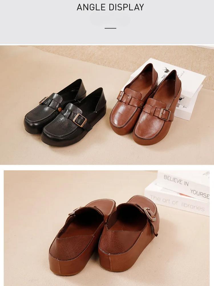 Johnature Retro Genuine Leather Soft Soled Shoes Loafers Round Toe Versatile Slip-on Women's Flat Shoes