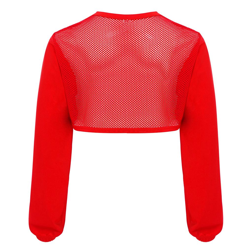 Girls Hip Hop Mesh Crop Top Long Sleeve Hollow Out Patchwork Asymmetrical Hem Dance Streetwear Top