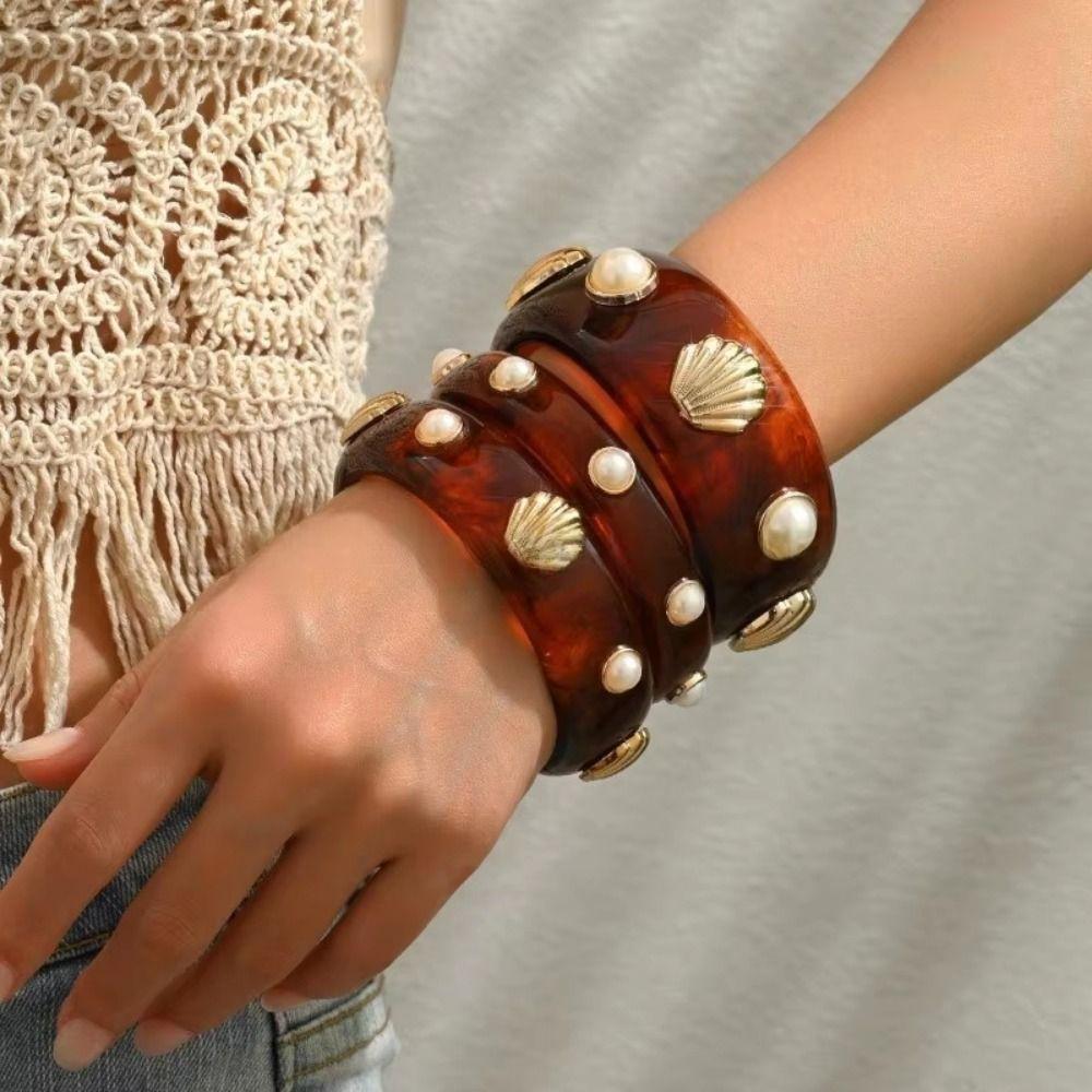 Wide Resin Pearl Shell Bracelet Lightweight Cuff Bracelet Chunky Wrap Wristbands  Girls