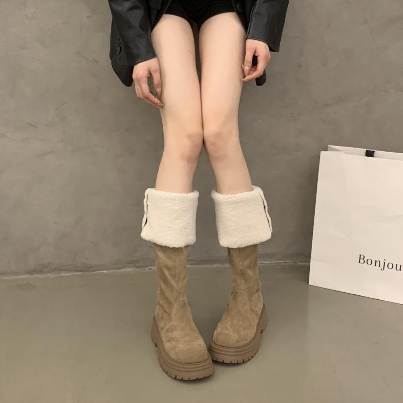 Brown Western Jeans Tube Boots Women's Long Boots High Boots Fleece Warm Autumn and Winter New Knight Boots