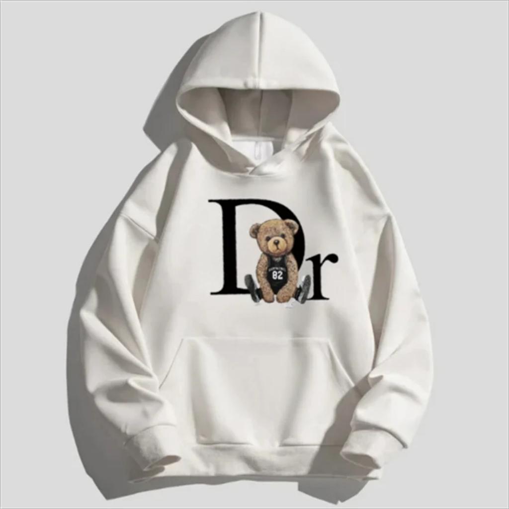 Unisex Letter Bear Print Hoodie, Pulôver Casual, Moda Natalícia, Solto Street Wear