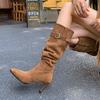 2025 Autumn and Winter Versatile Skinny Pile Boots Pointed Thin Heel High Heel Boots Women's Maillard But Knee Boots