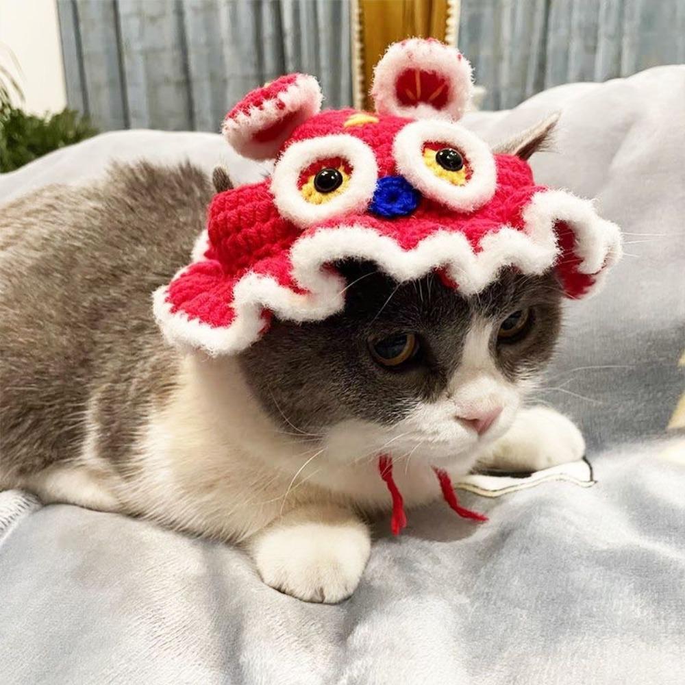 Cappello intrecciato a mano per animali domestici, simpatico cartone animato gatto cane, abbigliamento cappello decorazione, copricapo per animali domestici