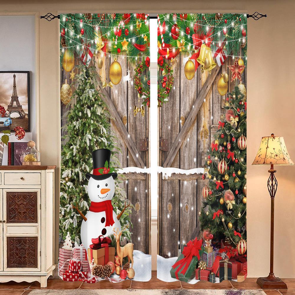 2 Pieces, Christmas Tree Wooden Door Snowman Curtains -30% Blackout - Suitable for Living Room, Bedroom, Kitchen, Home Decoratio