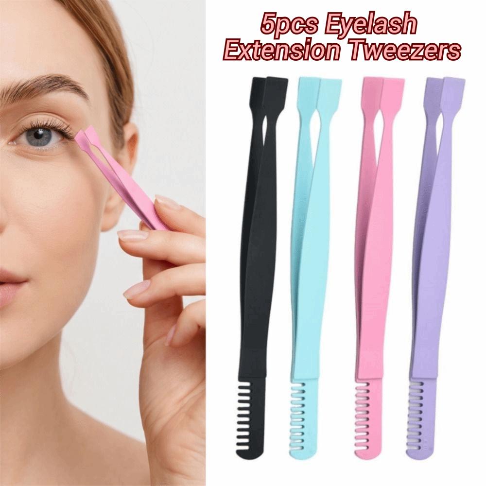 5pcs Flat Mouth Eyelash Extension Tweezers with Comb Lash Tweezers Women