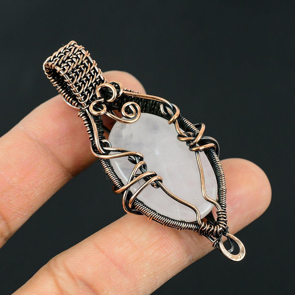 Artisan Antiqued Copper Wire Wrap Pendant with Rose Quartz  Gemstone - Gothic Boho Crystal Necklace